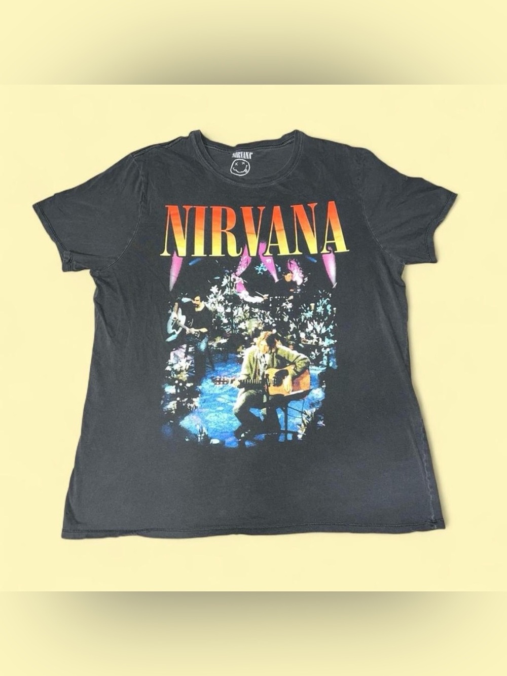 NIRVANA Black Tee with Gradient Logo and Multicolor Acoustic Scene